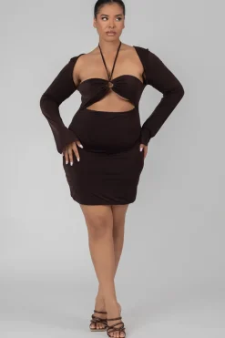 Public Desire Curve Slinky Ruch Bust Cut Out Long Sleeved Dress Chocolate | Women Dresses