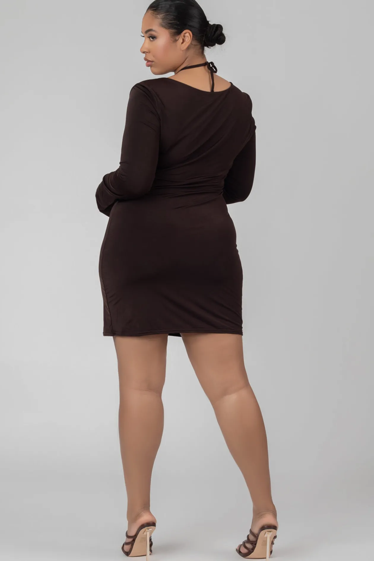 Public Desire Curve Slinky Ruch Bust Cut Out Long Sleeved Dress Chocolate | Women Dresses