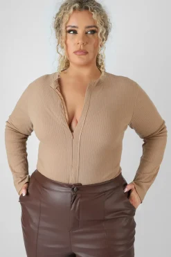 Public Desire Curve Zip Front Ribbed Bodysuit Light | Women Curve