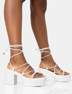 Public Desire Darcy Ecru Pu Strappy Lace Up Square Toe Mid Flatform Heels | Women Strappy Sandals