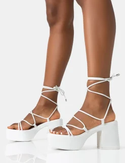 Public Desire Darcy Ecru Pu Strappy Lace Up Square Toe Mid Flatform Heels | Women Strappy Sandals