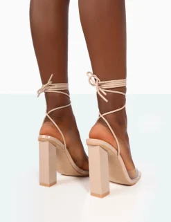Public Desire Date-Night Wide Fit Pu Lace Up Clear Perspex Square Toe Heels | Women Wide Fit Heels
