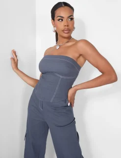 Public Desire Denim Contrast Stitch Bandeau Top | Women Tops
