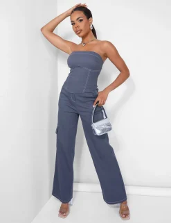 Public Desire Denim Contrast Stitch Bandeau Top | Women Tops