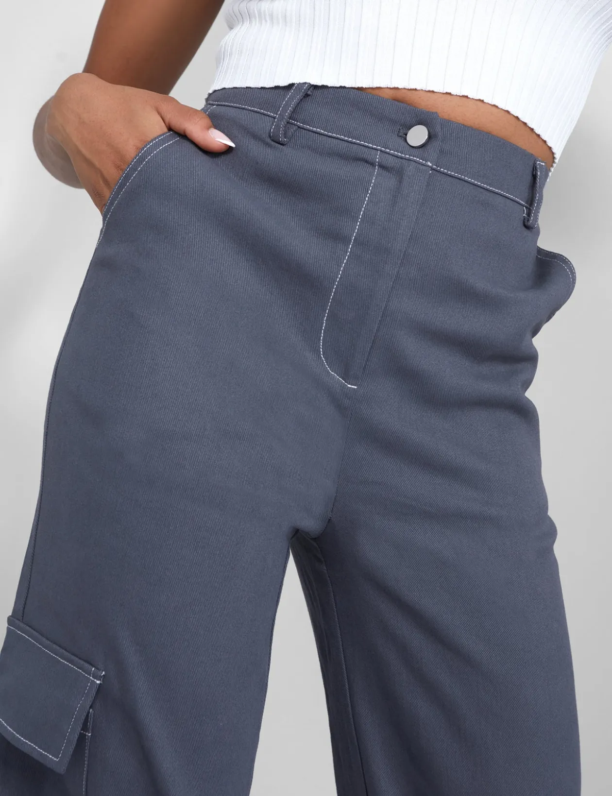 Public Desire Denim Contrast Stitch Cargo Jeans | Women Trousers