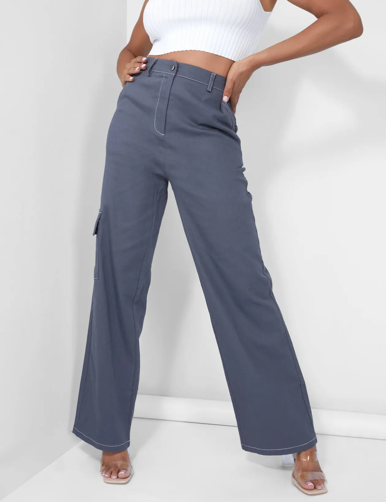 Public Desire Denim Contrast Stitch Cargo Jeans | Women Trousers