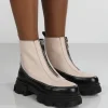Public Desire Direction Bone Pu Zip Front Platform Chunky Sole Ankle Boot | Women Ankle Boots