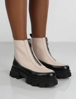 Public Desire Direction Bone Pu Zip Front Platform Chunky Sole Ankle Boot | Women Ankle Boots