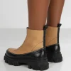 Public Desire Direction Tan Pu Zip Front Platform Chunky Sole Ankle Boot | Women Ankle Boots