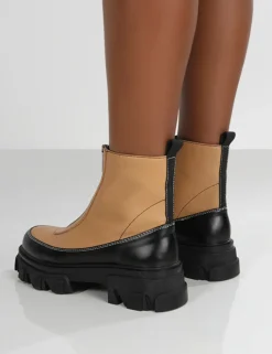 Public Desire Direction Tan Pu Zip Front Platform Chunky Sole Ankle Boot | Women Ankle Boots