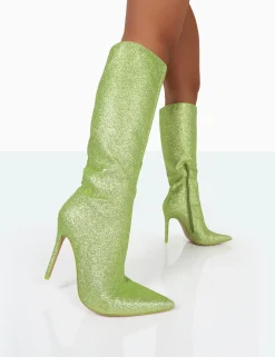 Public Desire Diva Glitter Pointed Toe Stiletto Knee High Boots | Women Heeled Boots