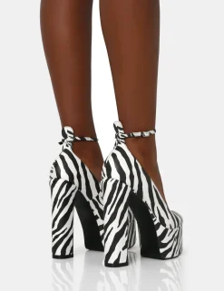 Public Desire Donatella Zebra Print Ankle Strap Rounded Toe Platform Block Heels | Women Platform Heels