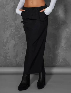 Public Desire Drawstring Waist Cargo Longline Midi Skirt Black | Women Skirts