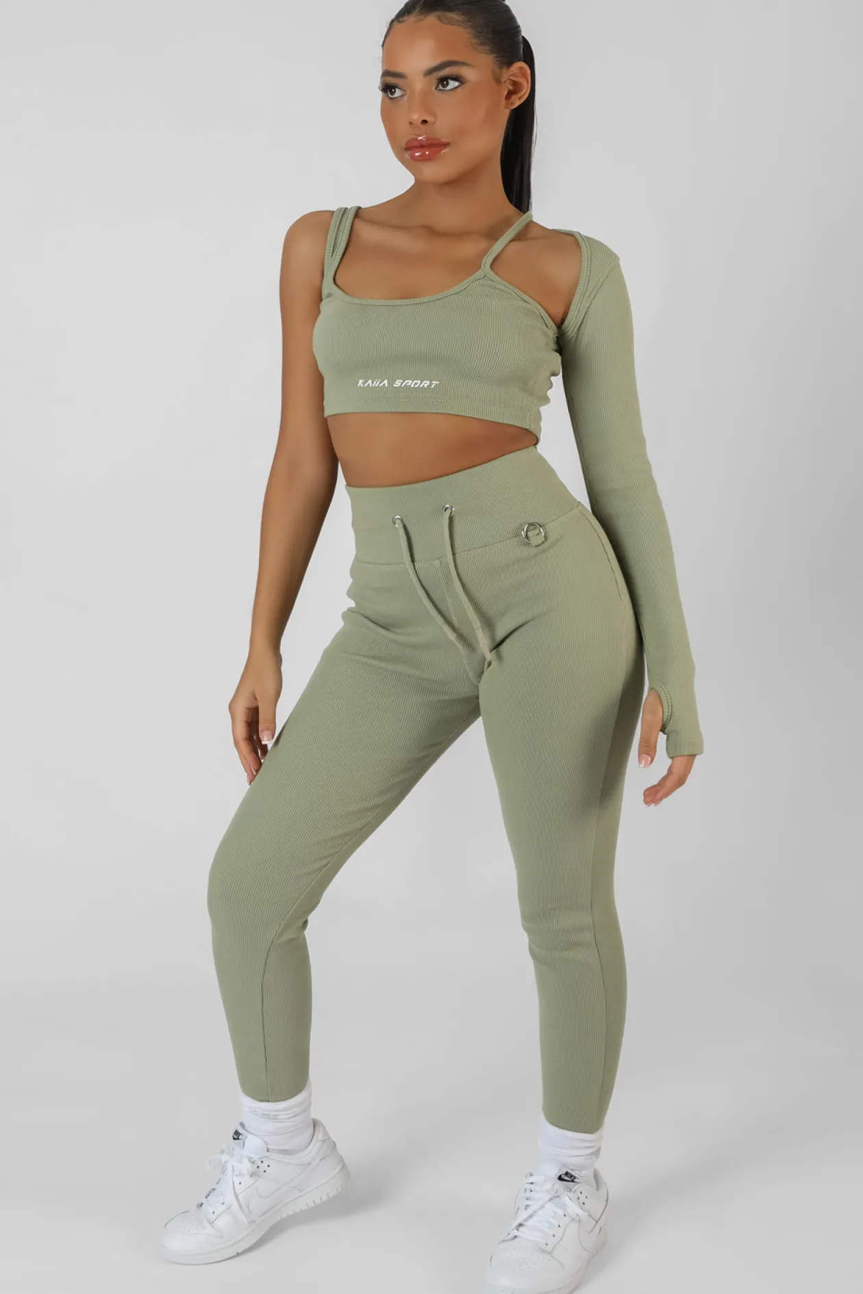 Public Desire Drawstring Waist Kaiia Sport Leggings Khaki | Women Jogger & Leggings