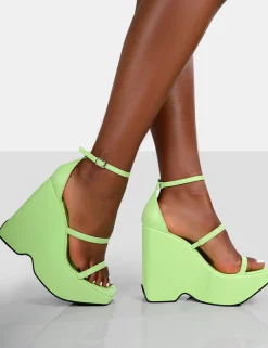 Public Desire Duke Green Strappy Square Toe Platform Wedge High Heels | Women Wedges