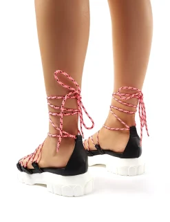 Public Desire Dynamic Black Neon Lace Up Chunky Sandals | Women Chunky Sandals