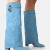 Public Desire Echo Denim Padlock Detail Fold Over Pointed Toe Knee High Boots | Women Knee High Boots