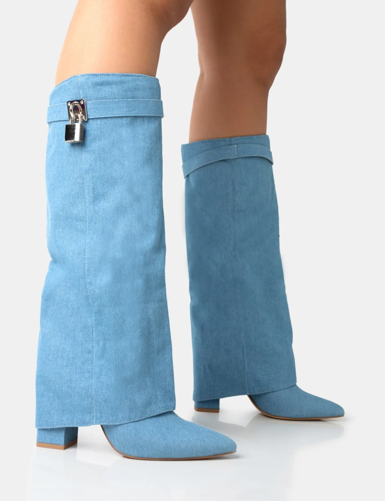 Public Desire Echo Denim Padlock Detail Fold Over Pointed Toe Knee High Boots | Women Knee High Boots
