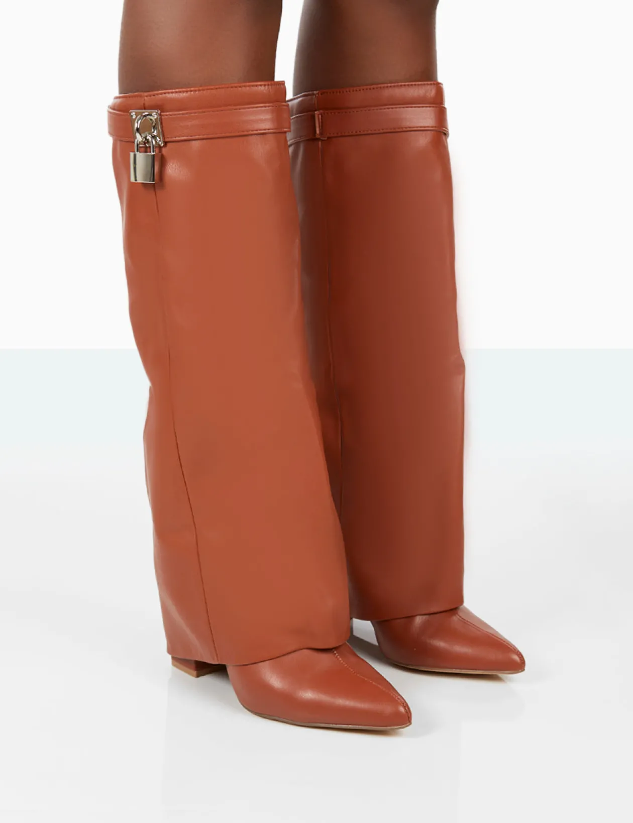 Public Desire Echo Grain Pu Pointed Toe Knee High Block Boots | Women Knee High Boots
