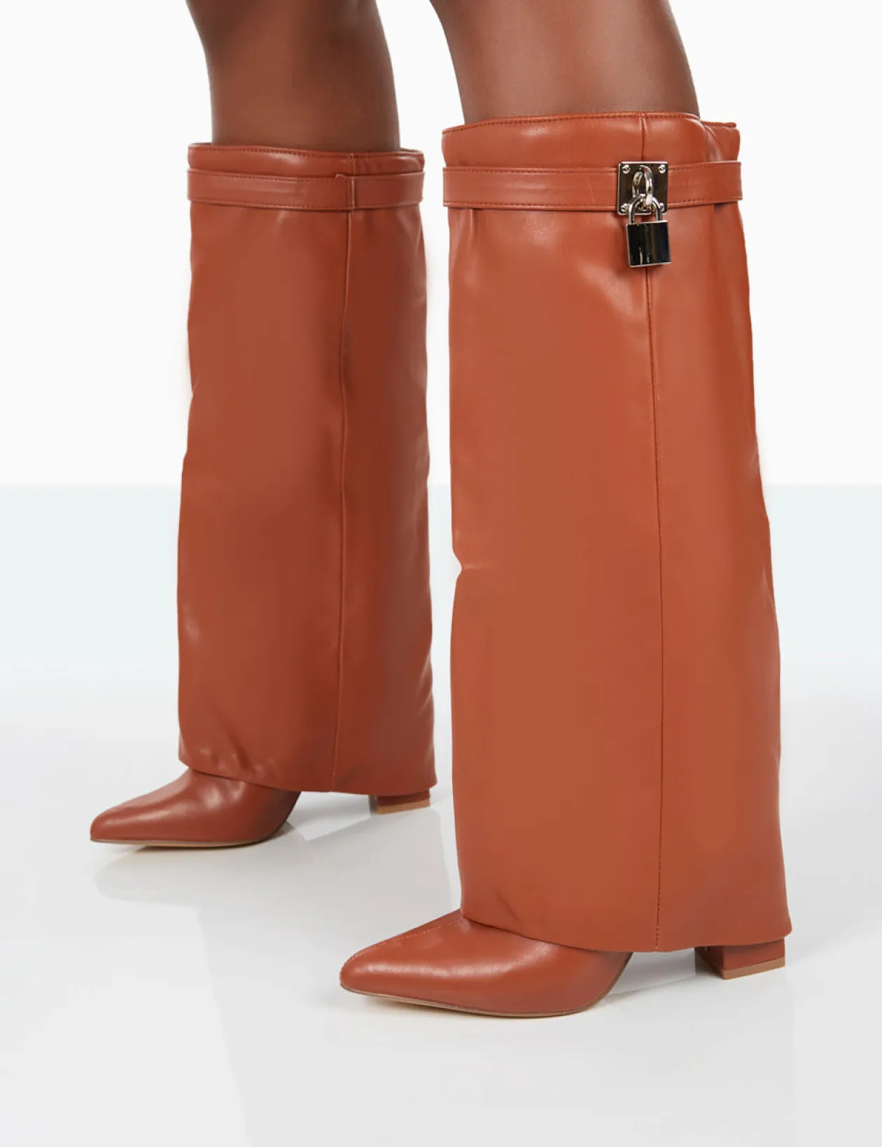 Public Desire Echo Grain Pu Pointed Toe Knee High Block Boots | Women Knee High Boots