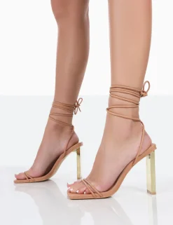 Public Desire Either Way Wide Fit Patent Pu Square Toe Lace Up Thin Block Heels | Women Barely There Heels