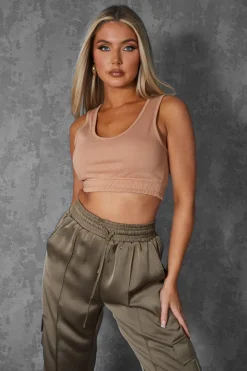 Public Desire Elasticated Waist Sweat Scoop Neck Crop Top Camel | Women Tops