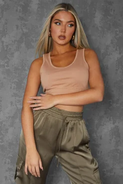 Public Desire Elasticated Waist Sweat Scoop Neck Crop Top Camel | Women Tops