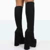 Public Desire End Game Lycra Platform Pointed Toe Block Heel Knee High Boots | Women Knee High Boots