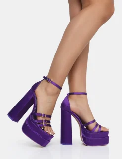 Public Desire Enya Satin Strappy Buckle Square Toe Platform Block Heels | Women Square Toe Heels