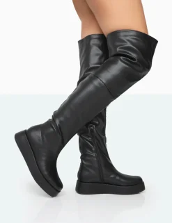 Public Desire Erica Black Pu Chunky Platform Over The Knee Boots | Women Over The Knee Boots