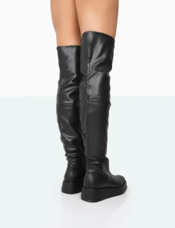 Public Desire Erica Black Pu Chunky Platform Over The Knee Boots | Women Over The Knee Boots