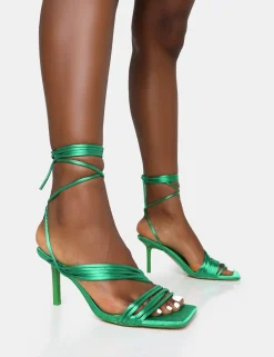 Public Desire Esla Wide Fit Satin Multi Strap Lace Up Square Toe Mid Stiletto Heels | Women Wide Fit Heels