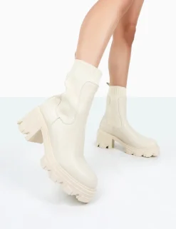Public Desire Everdeen Pu And Knit Chunky Heeled Platform Sock Ankle Boots | Women Chunky Boots