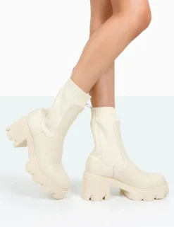 Public Desire Everdeen Pu And Knit Chunky Heeled Platform Sock Ankle Boots | Women Chunky Boots