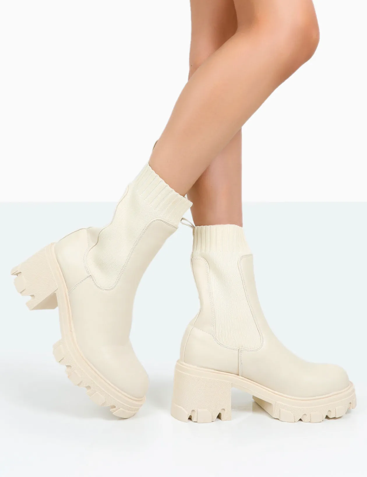 Public Desire Everdeen Pu And Knit Chunky Heeled Platform Sock Ankle Boots | Women Chunky Boots