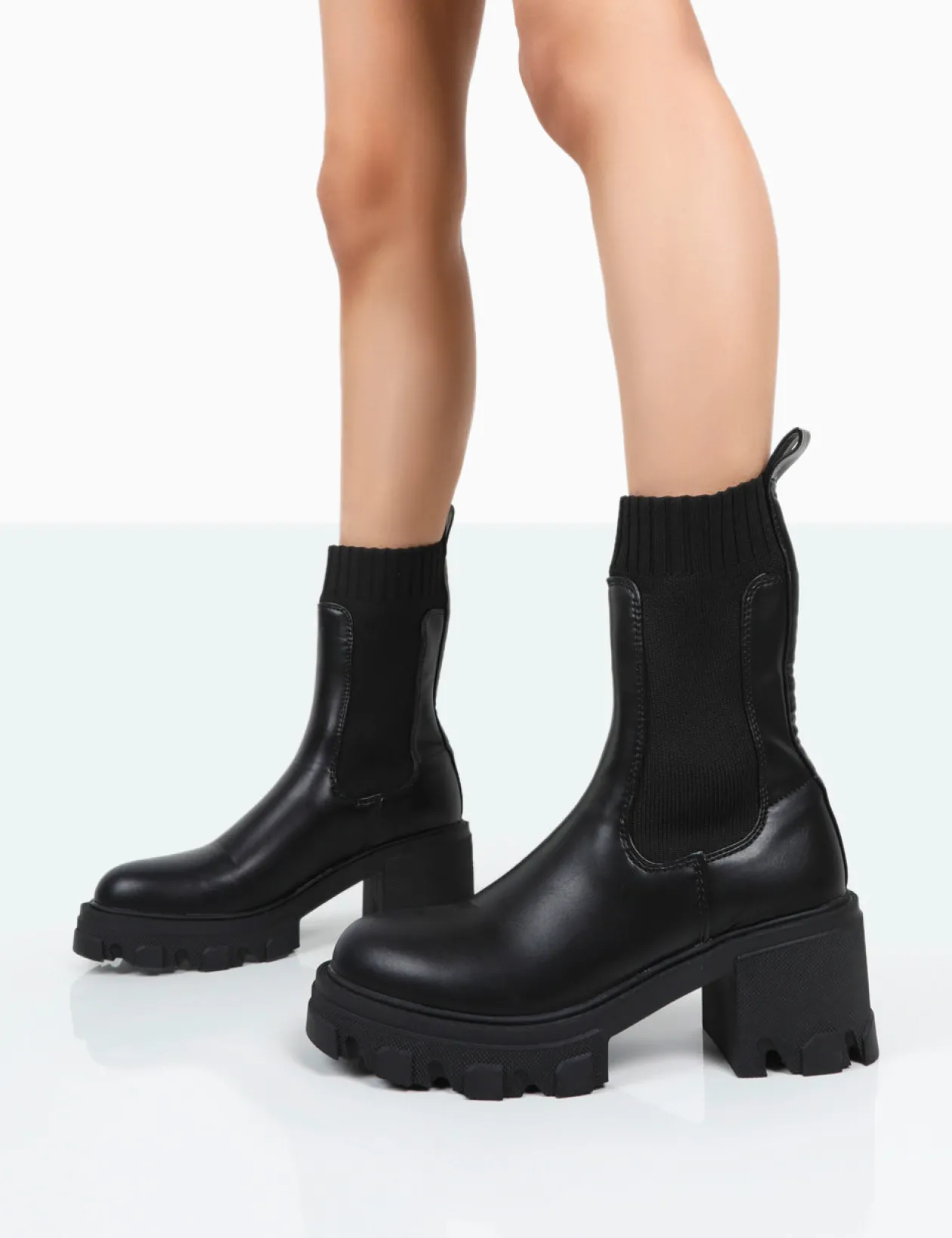 Public Desire Everdeen Pu And Knit Chunky Heeled Platform Sock Ankle Boots | Women Chunky Boots