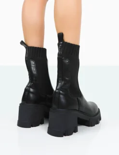 Public Desire Everdeen Pu And Knit Chunky Heeled Platform Sock Ankle Boots | Women Chunky Boots