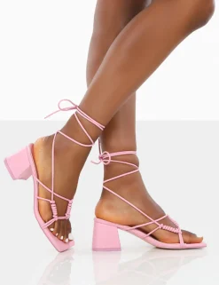 Public Desire Fanatic Baby Pu Square Toe Lace Up Block Mid Heeled Sandals | Women Square Toe Heels