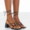 Public Desire Fanatic Pu Square Toe Lace Up Block Mid Heeled Sandals | Women Square Toe Heels