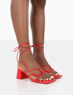 Public Desire Fanatic Pu Square Toe Lace Up Block Mid Heeled Sandals | Women Square Toe Heels