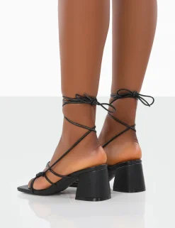 Public Desire Fanatic Pu Square Toe Lace Up Block Mid Heeled Sandals | Women Square Toe Heels