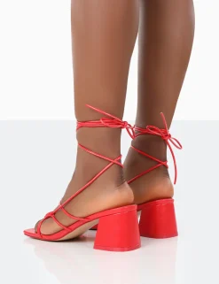 Public Desire Fanatic Pu Square Toe Lace Up Block Mid Heeled Sandals | Women Square Toe Heels