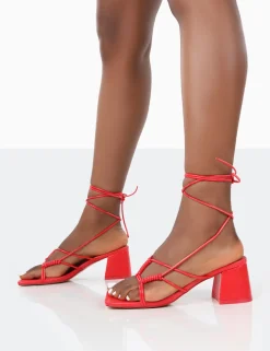 Public Desire Fanatic Pu Square Toe Lace Up Block Mid Heeled Sandals | Women Square Toe Heels