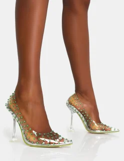 Public Desire Fancy Diamante Detail Court Clear Perspex Pointed Toe Stiletto Heels | Women Court Heels