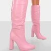 Public Desire Far Away Grain Pu Square Toe Knee High Block Boots | Women Knee High Boots