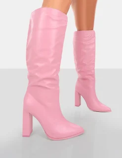 Public Desire Far Away Grain Pu Square Toe Knee High Block Boots | Women Knee High Boots