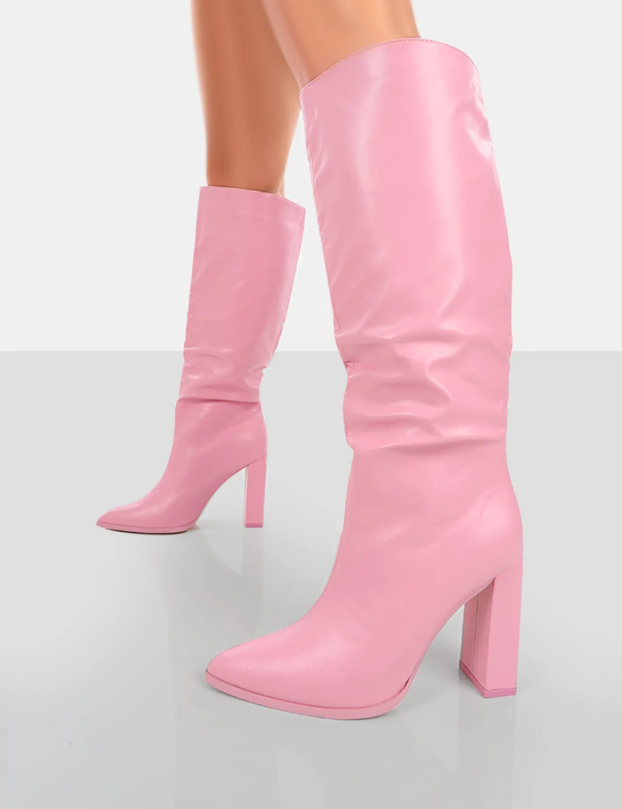 Public Desire Far Away Grain Pu Square Toe Knee High Block Boots | Women Knee High Boots