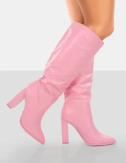 Public Desire Far Away Grain Pu Square Toe Knee High Block Boots | Women Knee High Boots