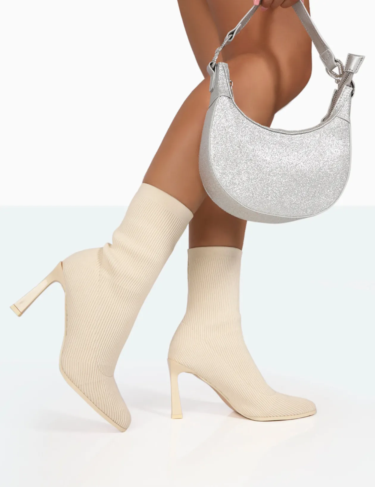Public Desire Farah Knitted Pointed Toe Stiletto Heel Ankle Sock Boots | Women Sock Fit Boots