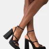 Public Desire Fate Black Satin Strappy Wrap Around The Ankle Platfrom Block Heels | Women Block Heels